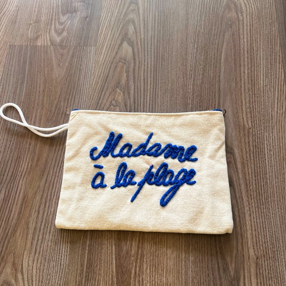 New With No Ta -Beige Pouch/Wristlet with Blue Embroidery